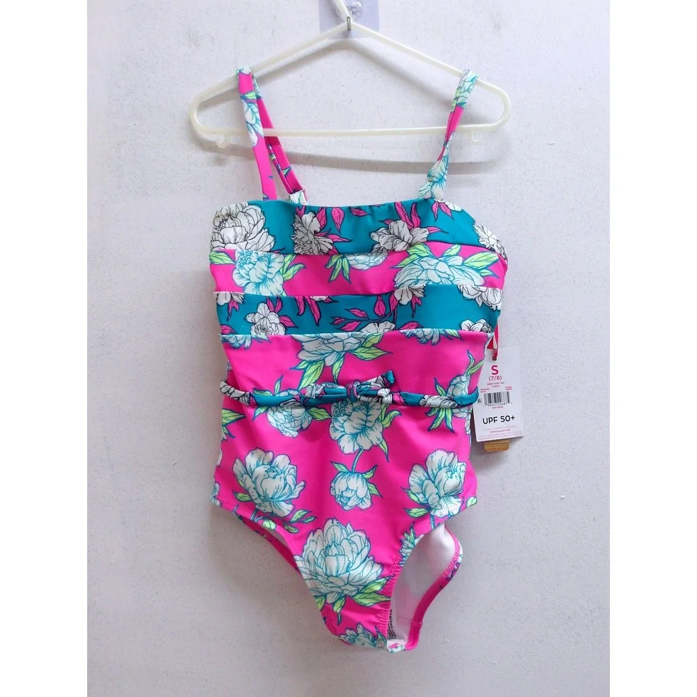 Justice Girls Pink Teal Floral Ruffle One Piece Swimsuit‎ NWT Size 7/8 #26296